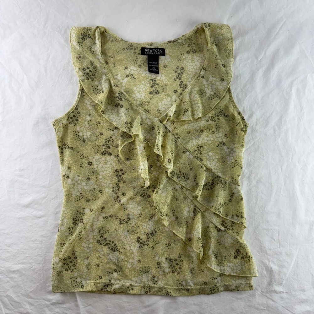 New York & Company Floral Sheer Sleeveless Ruffle Top Womens M Fairy Y2k